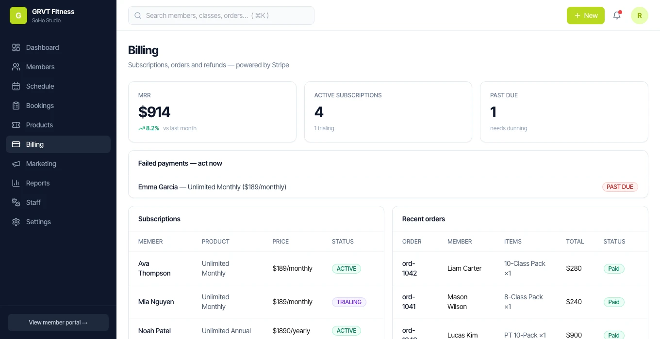 GRVT billing demo showing sample subscriptions, orders, and past-due payments