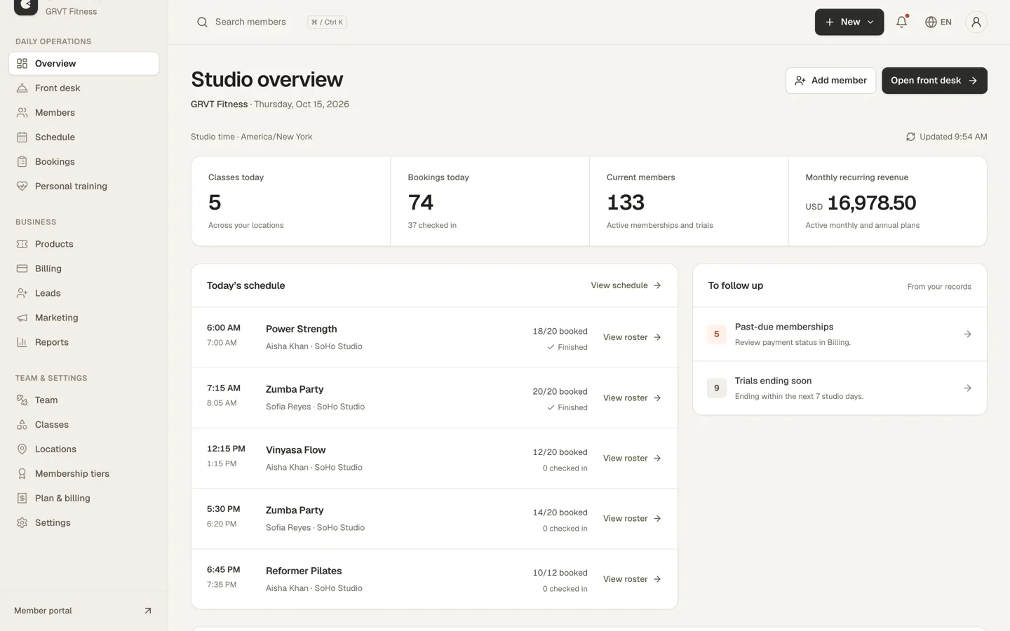 GRVT studio overview: today's classes and bookings, current members, monthly recurring revenue, today's schedule, past-due memberships and trials ending soon