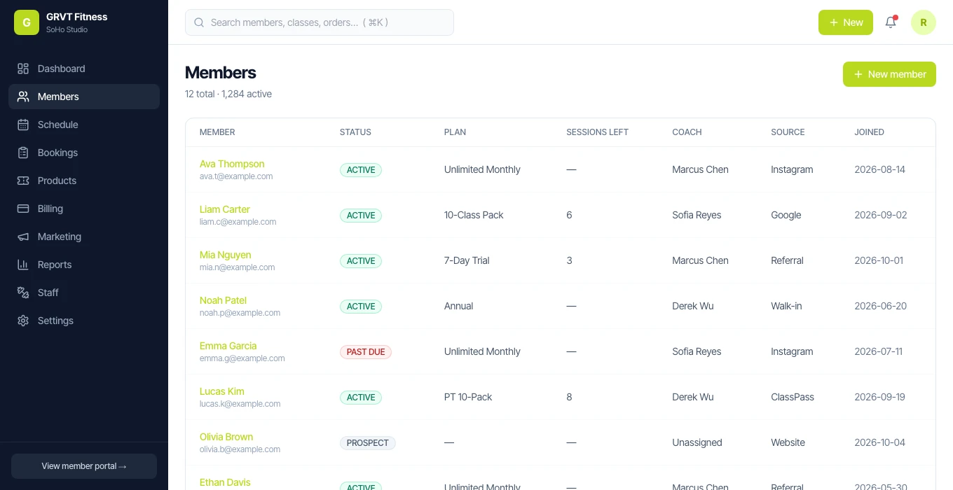 GRVT members demo showing a roster with membership plans, coaches, and statuses