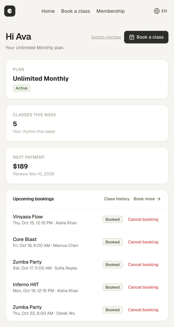 Member portal: Unlimited Monthly plan, classes this week, next payment and upcoming bookings