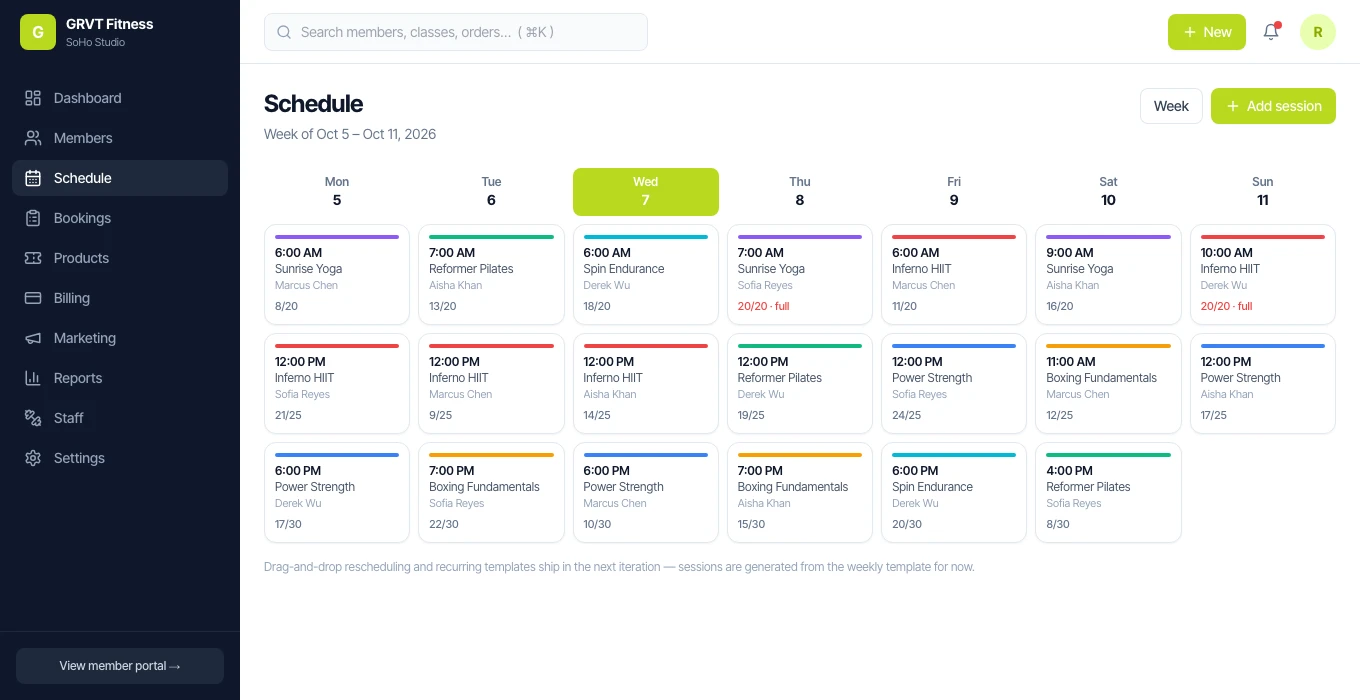 GRVT schedule demo showing classes, assigned coaches, and booking capacity for a week